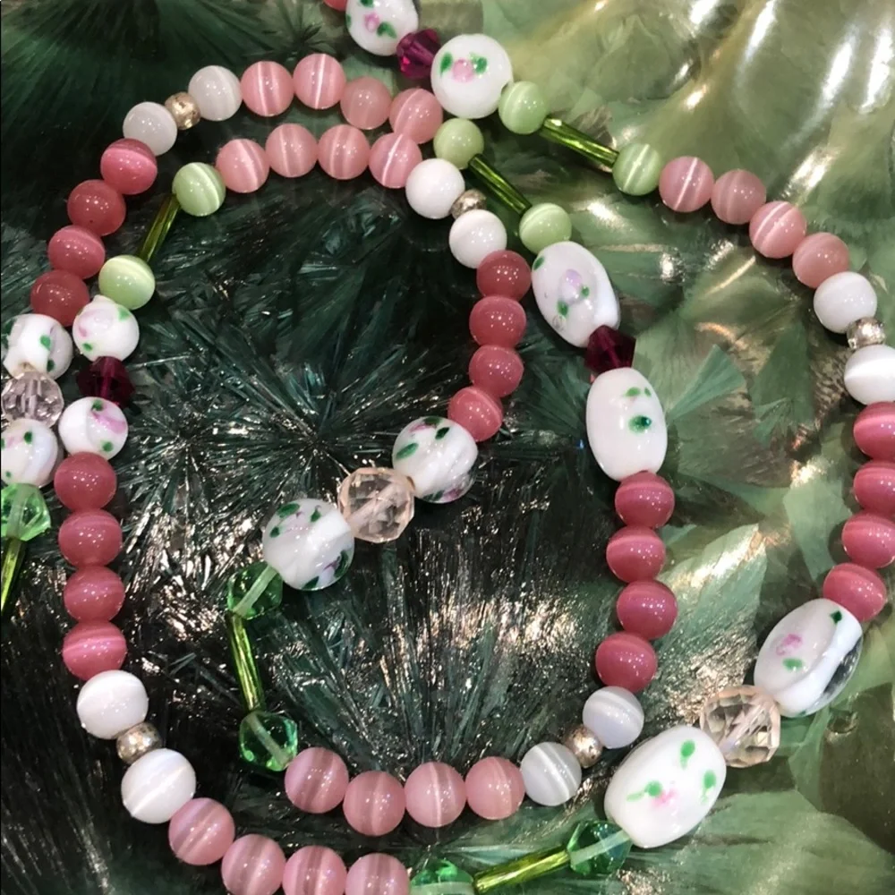 Handmade Summer Necklace - Pink, Green & White - Picture 2 of 6